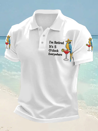 Men's I'm Retired It's 5 O'clock Everywhere Parrot Print Casual Polo