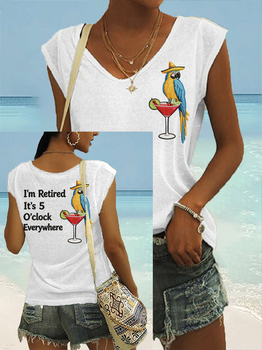 Women's I'm Retired It's 5 O'clock Everywhere Parrot Print Casual Sleeveless T-Shirt