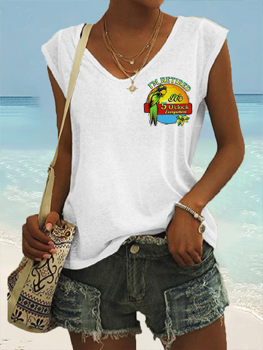 Women's I'm Retired It's 5 O'clock Everywhere Parrot Print Casual V-Neck Tee