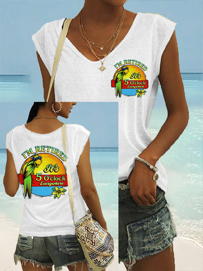 Women's I'm Retired It's 5 O'clock Everywhere Parrot Print Casual V-Neck Tee