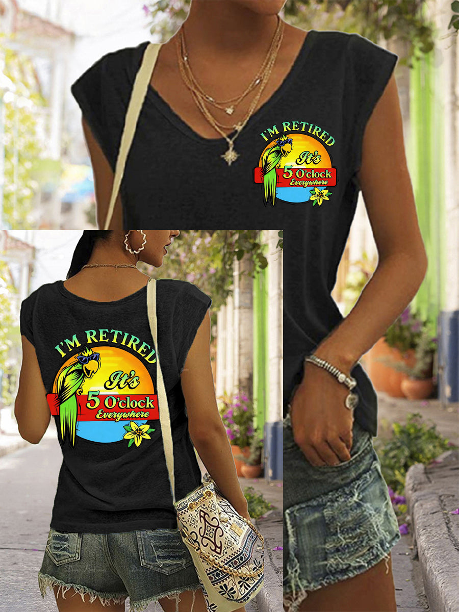 Women's I'm Retired It's 5 O'clock Everywhere Parrot Print Casual V-Neck Tee
