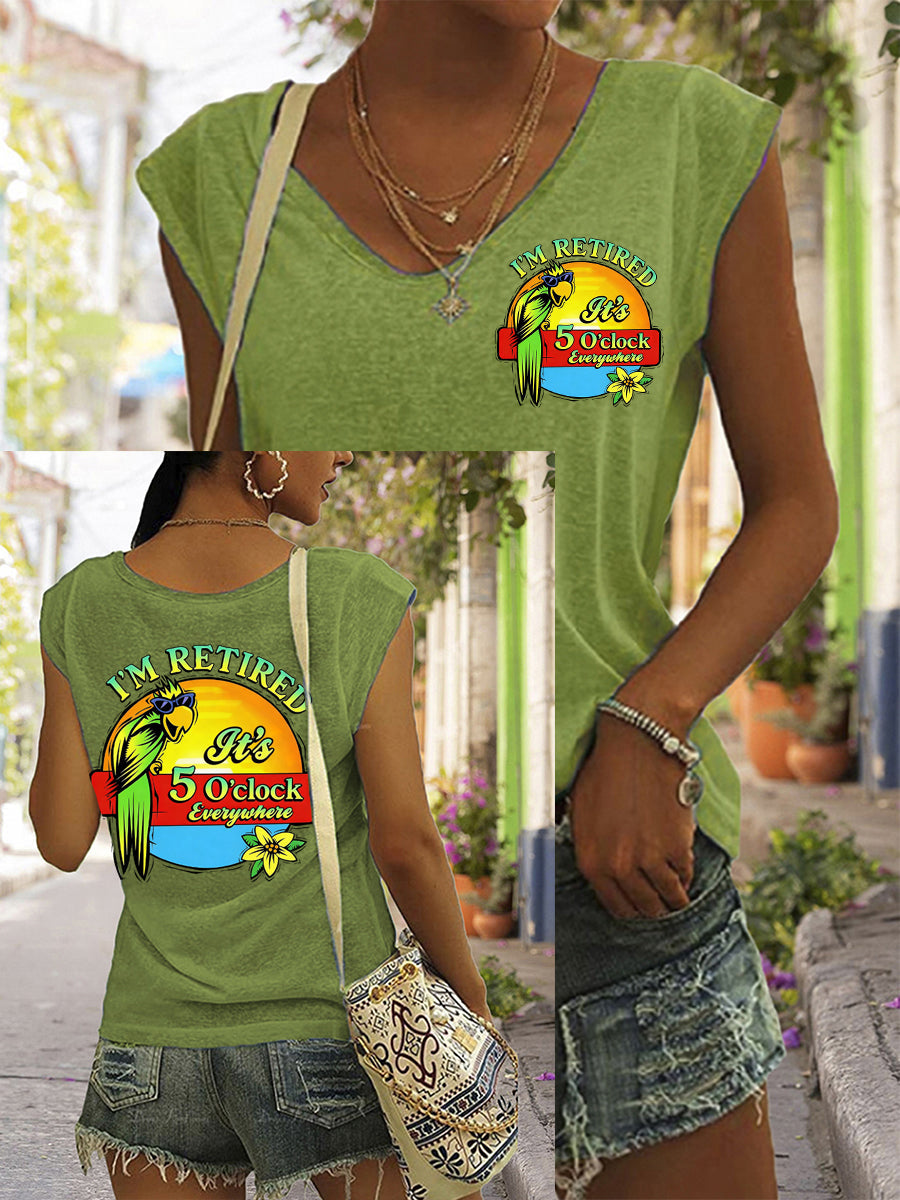 Women's I'm Retired It's 5 O'clock Everywhere Parrot Print Casual V-Neck Tee