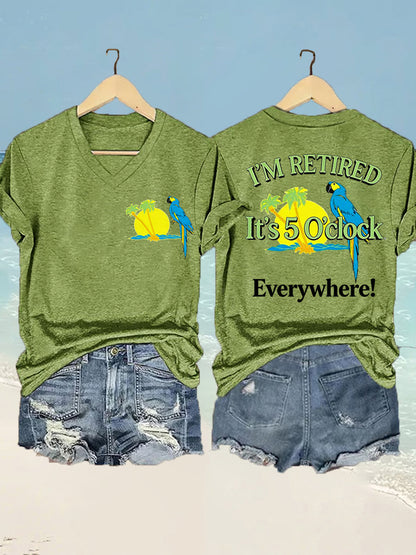 Women's I'm Retired It's 5 O'clock Everywhere Parrot Print Casual V-Neck Tee