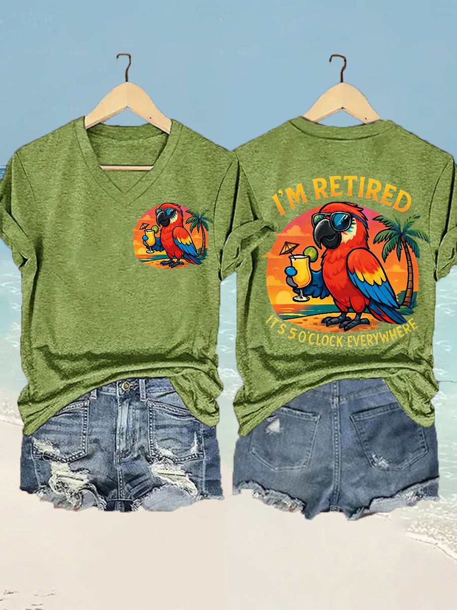 Women's I'm Retired It's 5 O'clock Everywhere Parrot Print Casual V-Neck Tee