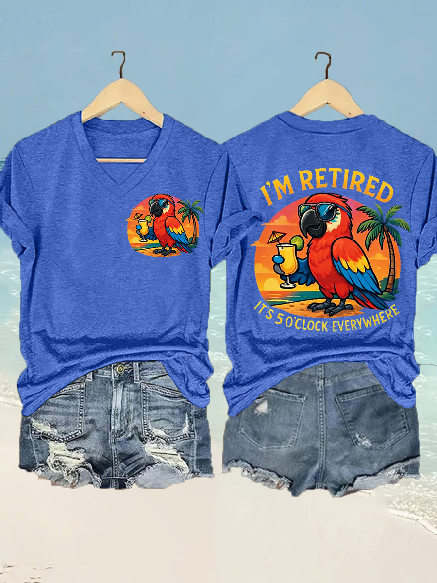 Women's I'm Retired It's 5 O'clock Everywhere Parrot Print Casual V-Neck Tee