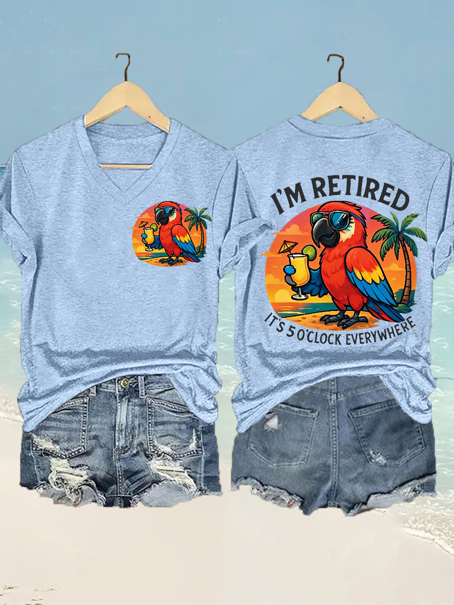 Women's I'm Retired It's 5 O'clock Everywhere Parrot Print Casual V-Neck Tee