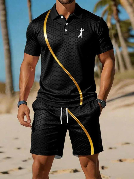Men's Vintage Business Style Printed Casual Polo Shirt Suit
