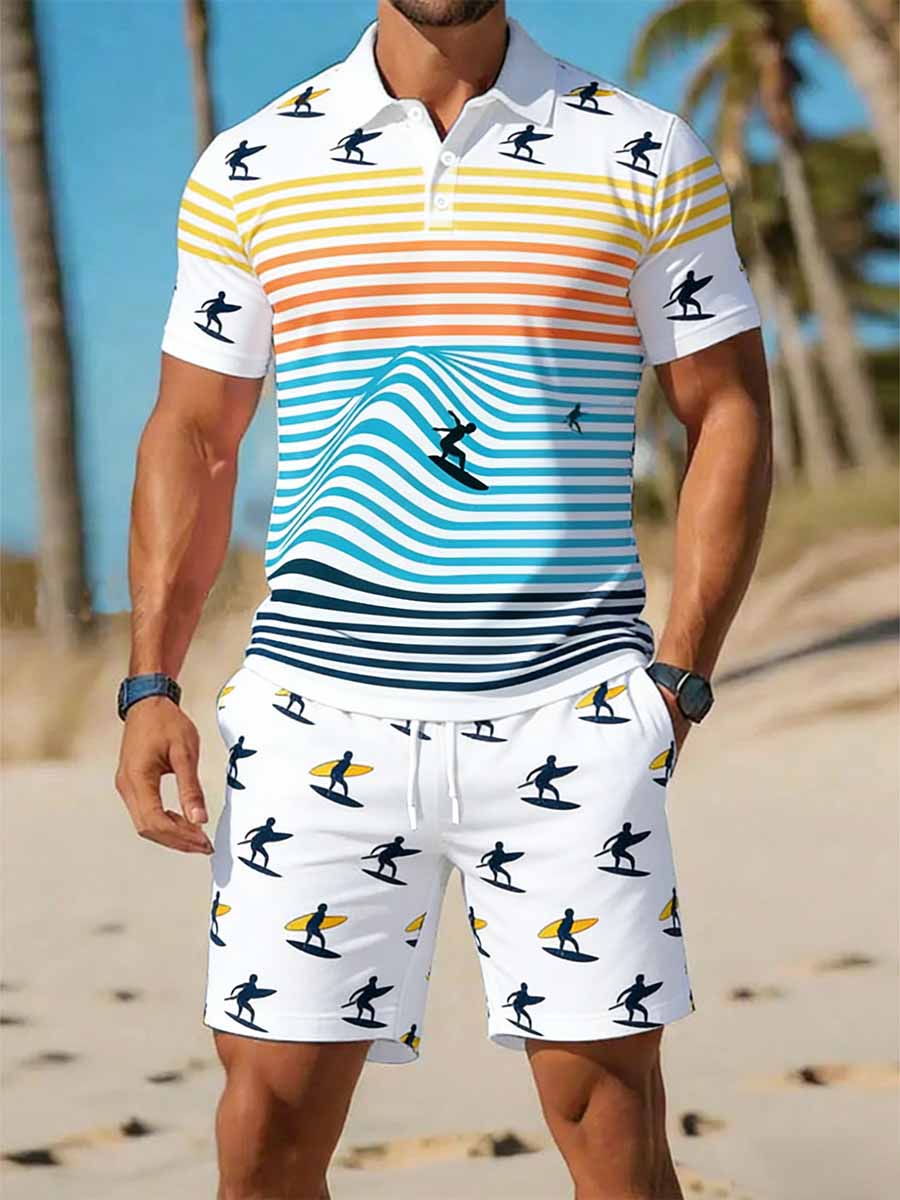 Men's Vintage Business Style Printed Casual Polo Shirt Suit