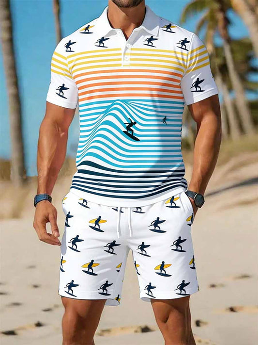 Men's Vintage Business Style Printed Casual Polo Shirt Suit