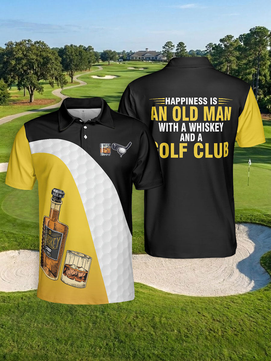 Men's Happiness Is An Old Man With A Whiskey And A Golf Club Printed Shirt