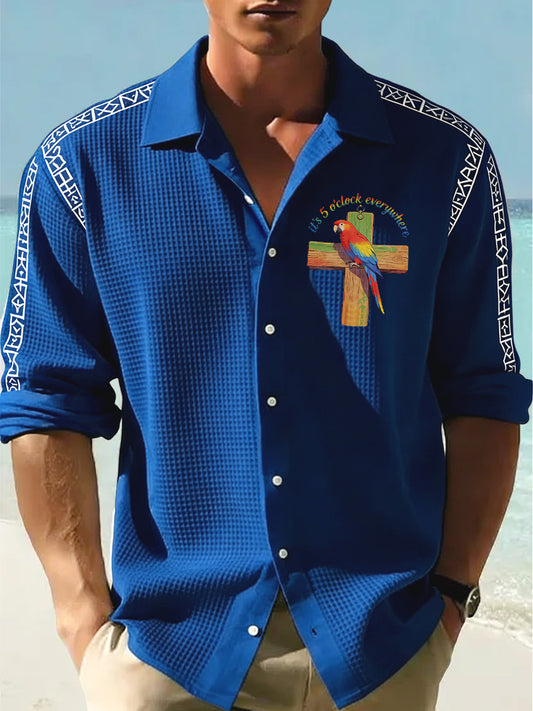 Men's Hawaiian-Style Parrot Print Casual Waffle-Weave Shirt