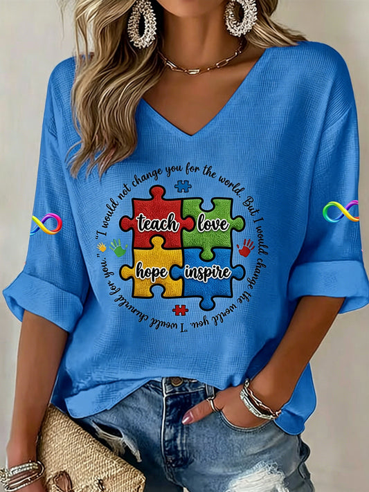 Women's V-neck Mid-Sleeve Autism Printed Casual T-shirt