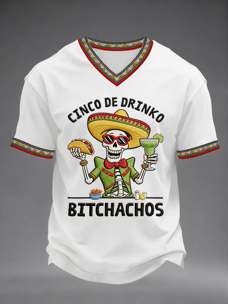 Men's Funny Cinco De Drinko Bitchachos Skeleton Print Casual V-Neck Tee