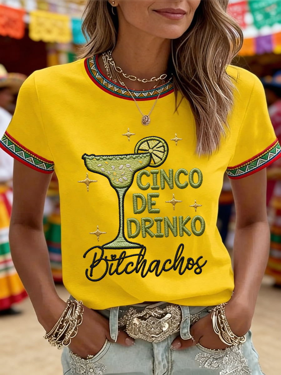 Women's Funny Cinco De Drinko Bitchachos Skeleton Print Casual Tee