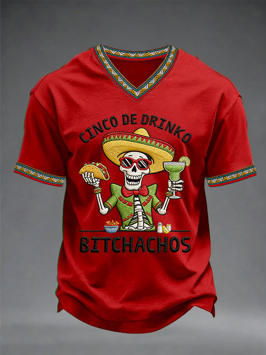 Men's Funny Cinco De Drinko Bitchachos Skeleton Print Casual V-Neck Tee