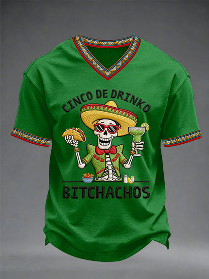 Men's Funny Cinco De Drinko Bitchachos Skeleton Print Casual V-Neck Tee