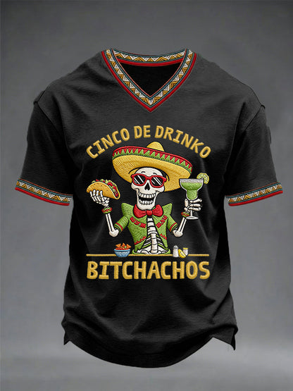 Men's Funny Cinco De Drinko Bitchachos Skeleton Print Casual V-Neck Tee