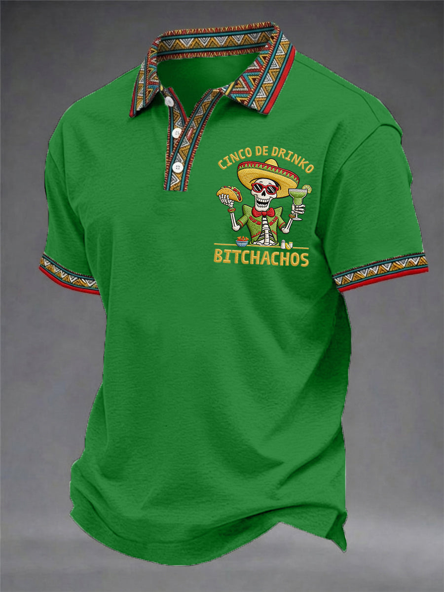 Men's Funny Cinco De Drinko Bitchachos Skeleton Print Casual Polo
