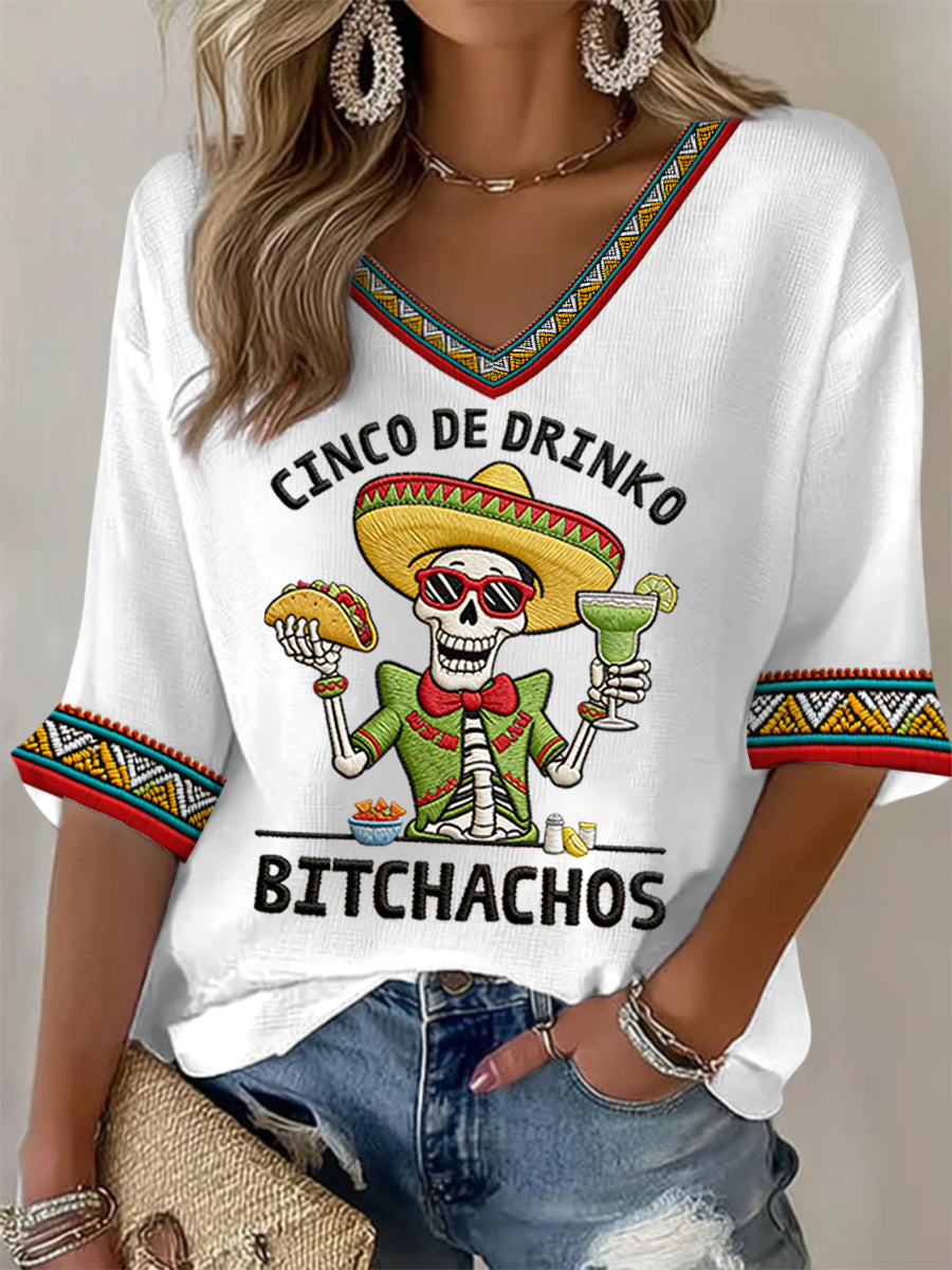 Women's Funny Cinco De Drinko Bitchachos Skeleton Print Casual Waffle Top
