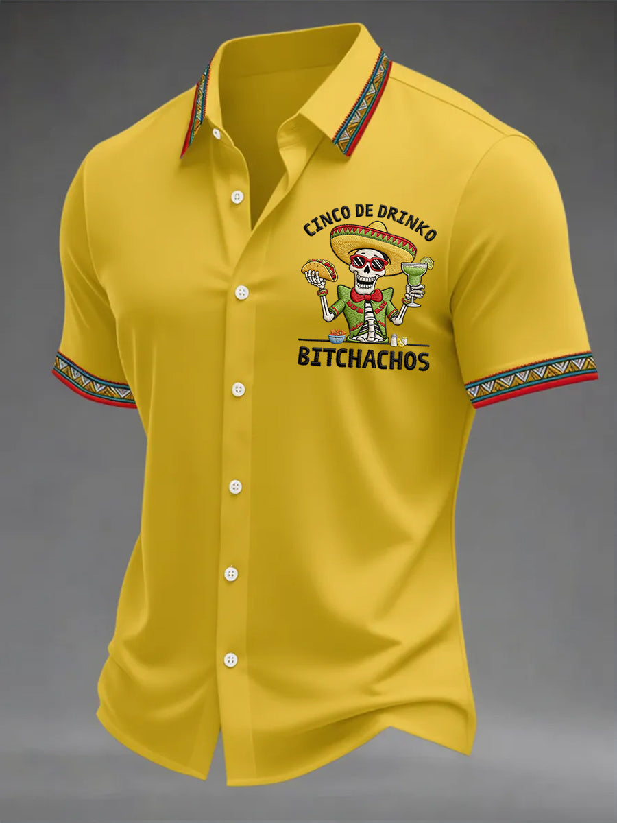Men's Funny Cinco De Drinko Bitchachos Skeleton Print Casual Short Sleeve Shirt