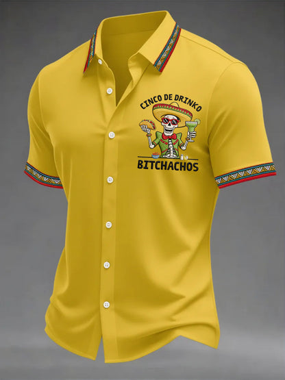 Men's Funny Cinco De Drinko Bitchachos Skeleton Print Casual Short Sleeve Shirt