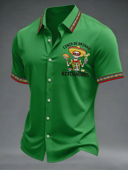 Men's Funny Cinco De Drinko Bitchachos Skeleton Print Casual Short Sleeve Shirt