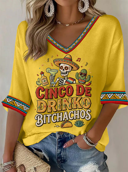 Women's Funny Cinco De Drinko Bitchachos Skeleton Print Casual Waffle Top