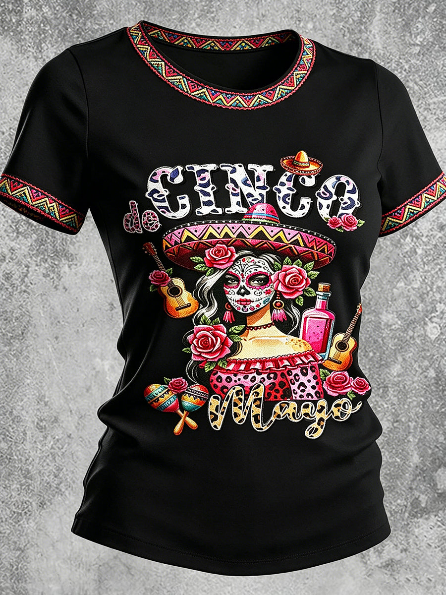 Women's Cinco de Mayo Printed Vintage Fashion Loose Short Sleeve T-Shirt