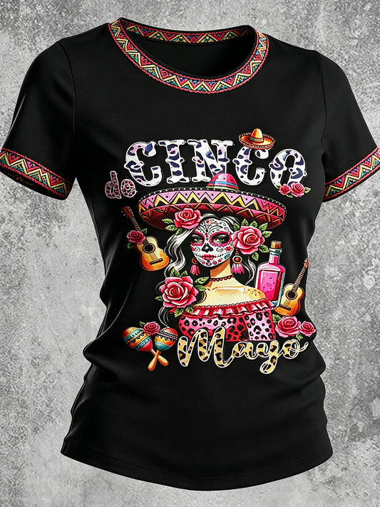 Women's Cinco de Mayo Printed Vintage Fashion Loose Short Sleeve T-Shirt