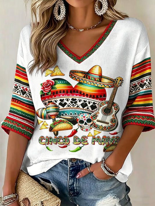 Women's V-neck Mid-Sleeve Cinco de Mayo Printed Casual T-shirt