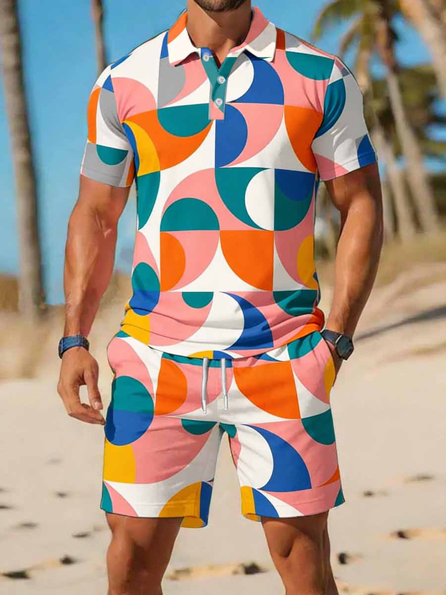 Men's Vintage Business Style Printed Casual Polo Shirt Sets