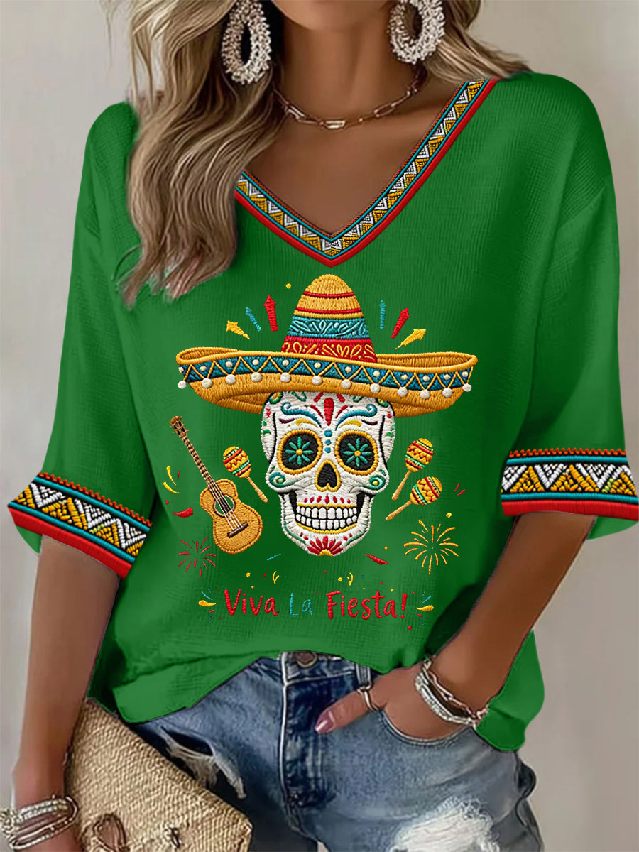 Women's Viva La Fiesta! Skeleton Print Casual Waffle Top