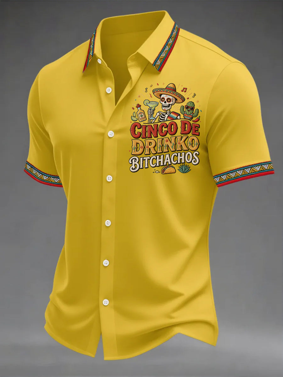 Men's Funny Cinco De Drinko Bitchachos Skeleton Print Casual Short Sleeve Shirt