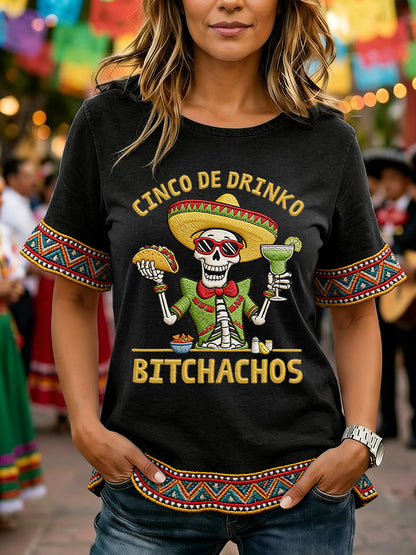 Women's Funny Cinco De Drinko Bitchachos Skeleton Print Casual Ruffle Sleeve Tee