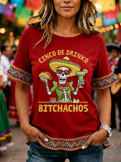 Women's Funny Cinco De Drinko Bitchachos Skeleton Print Casual Ruffle Sleeve Tee