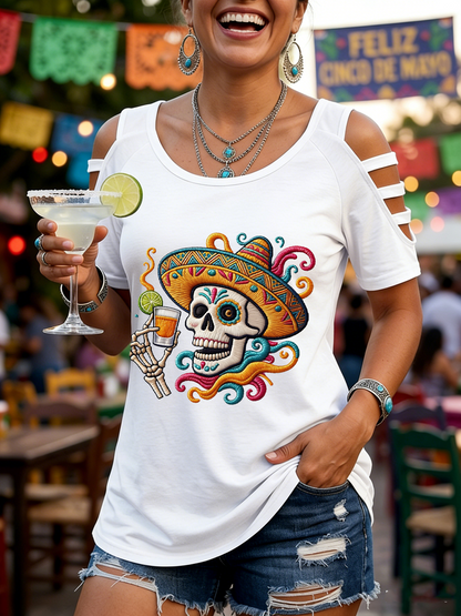 Women's Mexican Cinco de Mayo Printed round neck off-shoulder T-shirt
