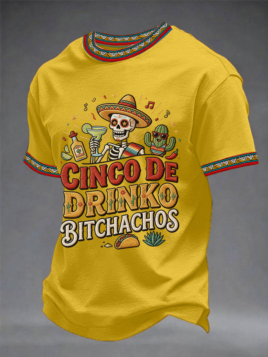 Men's Funny Cinco De Drinko Bitchachos Skeleton Print Casual Tee