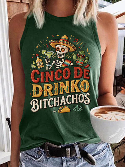 Women's Funny Cinco De Drinko Bitchachos Skeleton Print Casual Vest