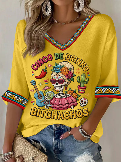 Women's Funny Cinco De Drinko Bitchachos Skeleton Print Casual Waffle Top