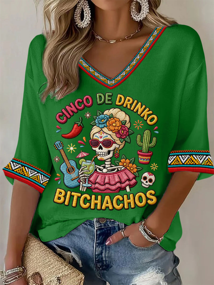 Women's Funny Cinco De Drinko Bitchachos Skeleton Print Casual Waffle Top