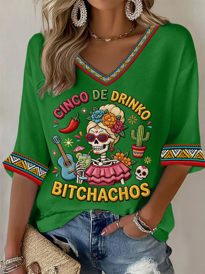 Women's Funny Cinco De Drinko Bitchachos Skeleton Print Casual Waffle Top
