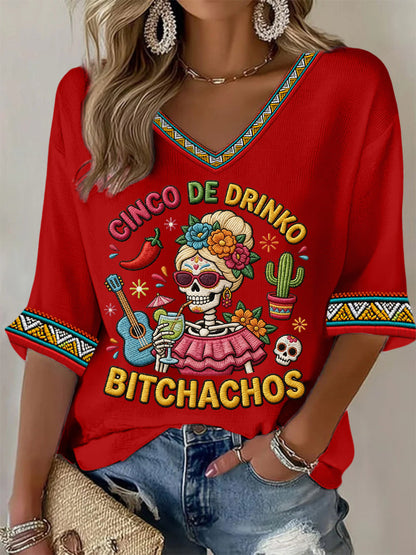 Women's Funny Cinco De Drinko Bitchachos Skeleton Print Casual Waffle Top