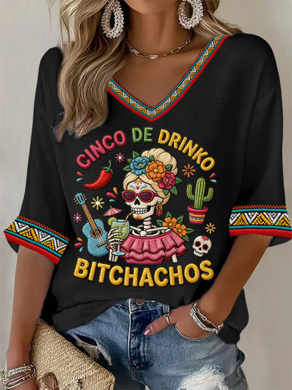 Women's Funny Cinco De Drinko Bitchachos Skeleton Print Casual Waffle Top