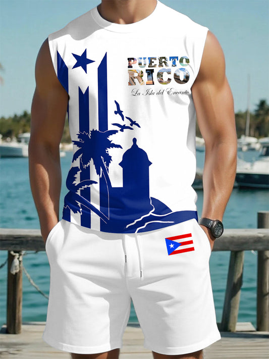 Men's Puerto Rico Print Vacation Vest Top And Shorts Set