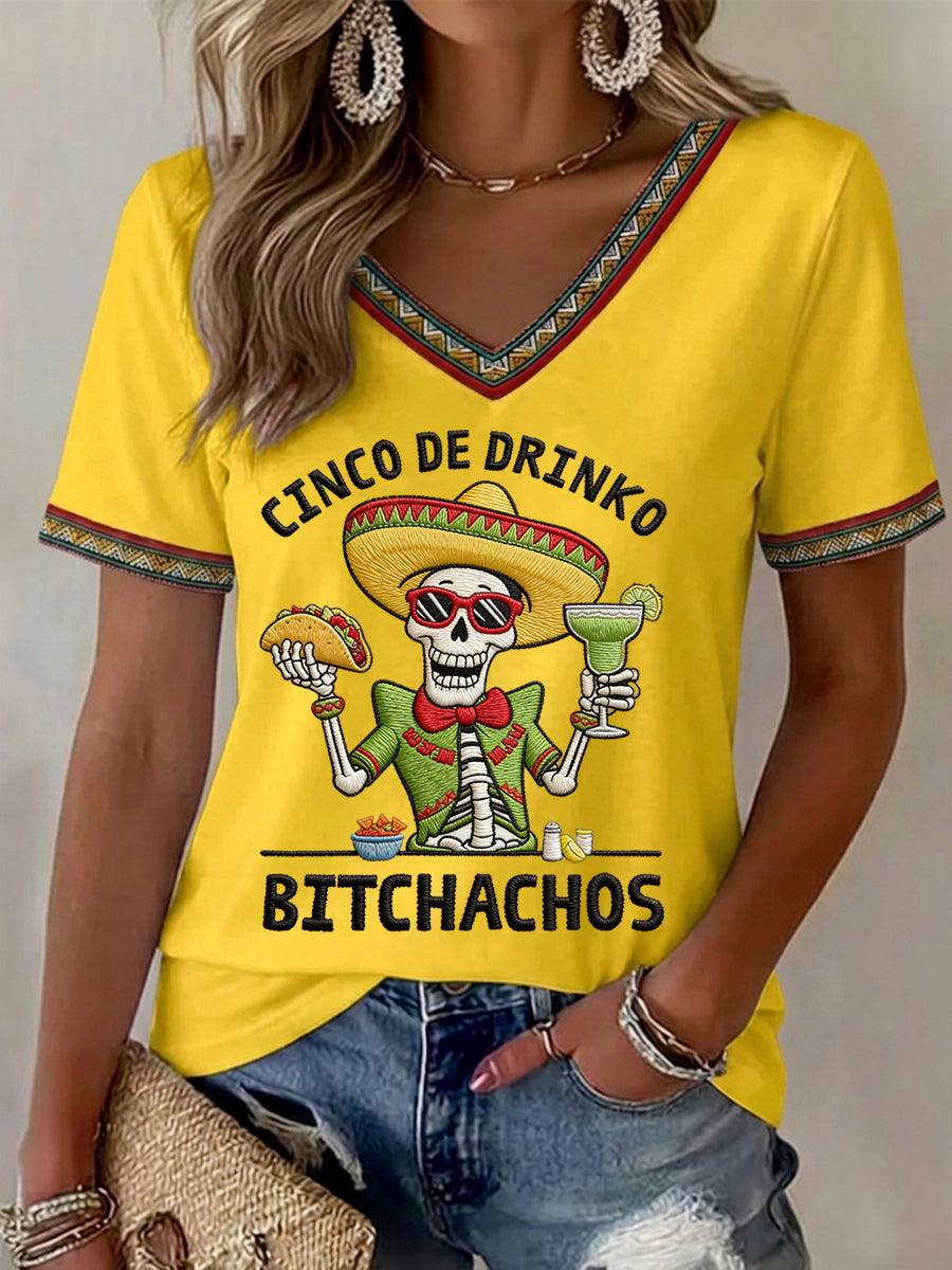 Women's Funny Cinco De Mayo Bitchachos Skull Print V-Neck Tee