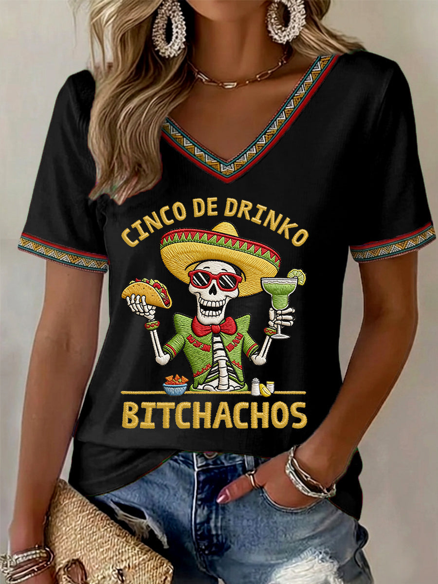 Women's Funny Cinco De Mayo Bitchachos Skull Print V-Neck Tee