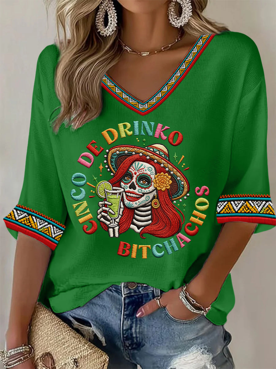 Women's Funny Cinco De Drinko Bitchachos Skeleton Print Casual Waffle Top
