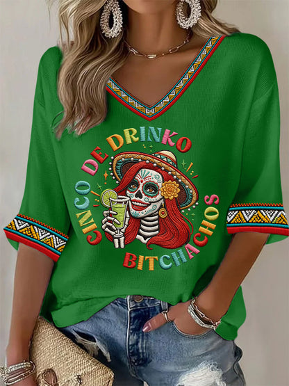 Women's Funny Cinco De Drinko Bitchachos Skeleton Print Casual Waffle Top