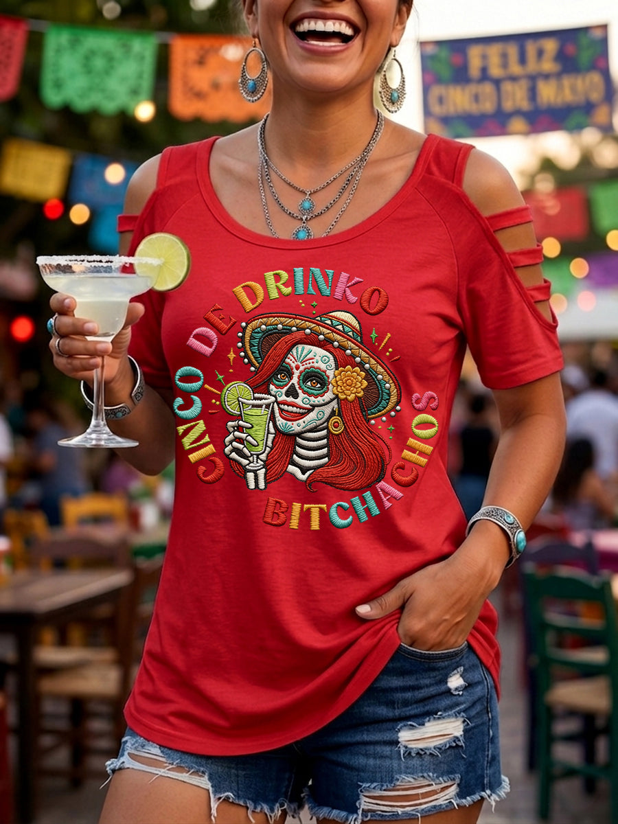 Women's Funny Cinco De Drinko Bitchachos Skeleton Print Casual Tee