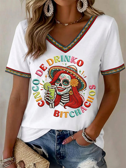 Women's Funny Cinco De Drinko Bitchachos Skeleton Print Casual V-Neck Tee
